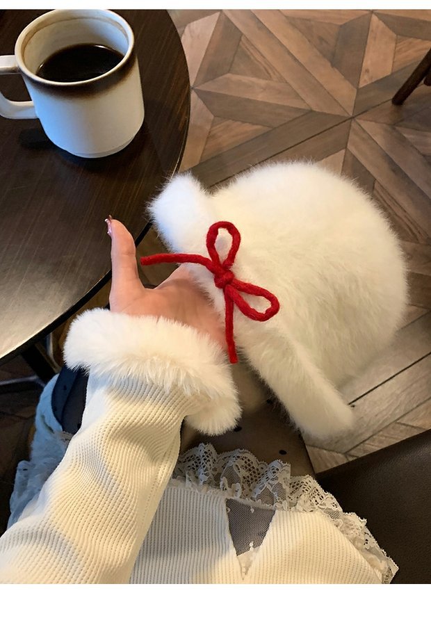 Sweet Plush Pot Autumn/Winter Bow Flip over Eaves Warm Fisherman's Versatile Ins Gold Top Hat Shows Small Face_viptrois.com