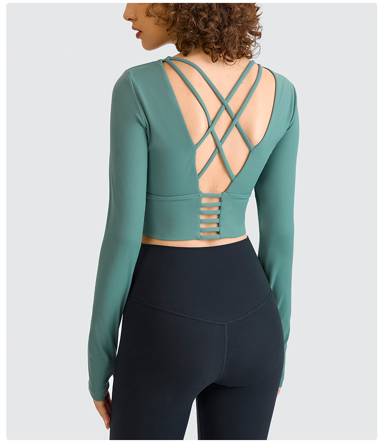 solid color back thin shoulder straps cross long-sleeved yoga top NSDQF127359