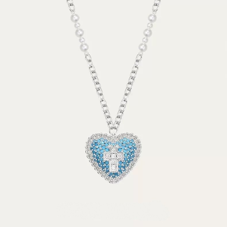 Blue Eden/Cross Blue Pine Color Niche Design Pearl Long Necklace Sweater Chain Blue Eden/Cross Blue Pine Color Niche Design Pearl Long Necklace Sweater Chain