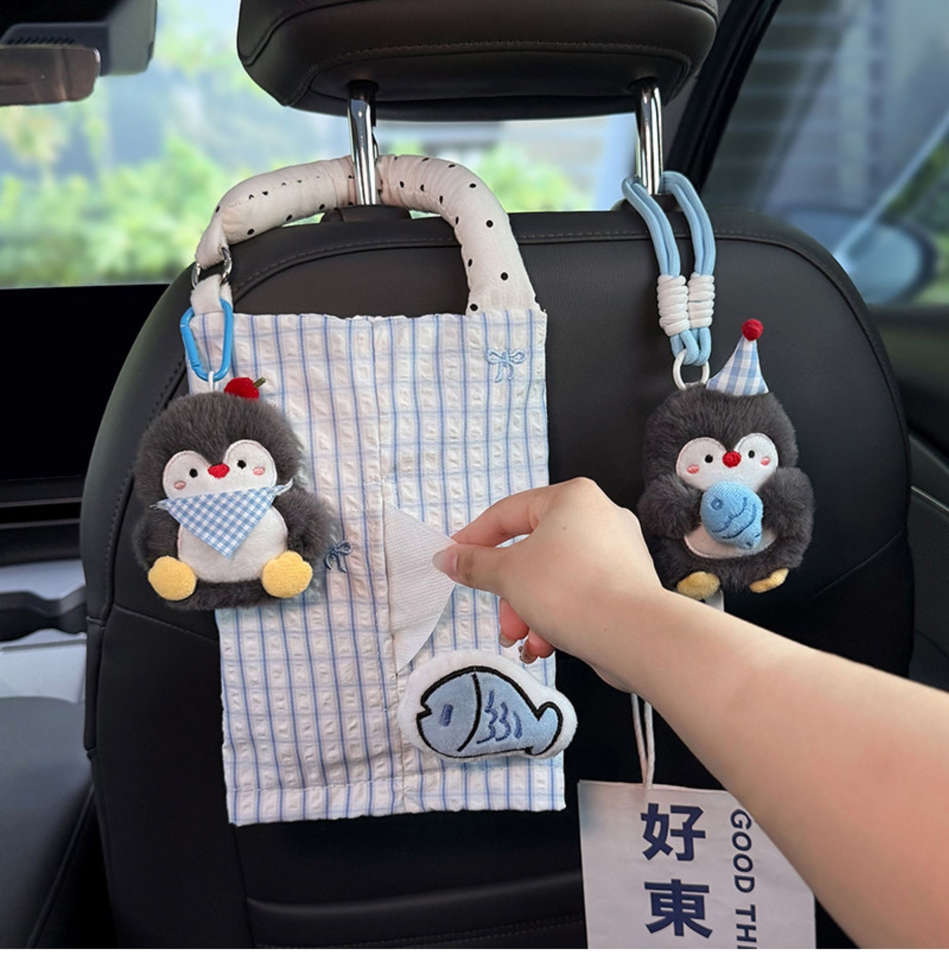 2026 New Penguin Car Trash Bin and Tissue Box 2-in-1 Front and Rear Seat Tissue Hanging Bag Cute Car Storage