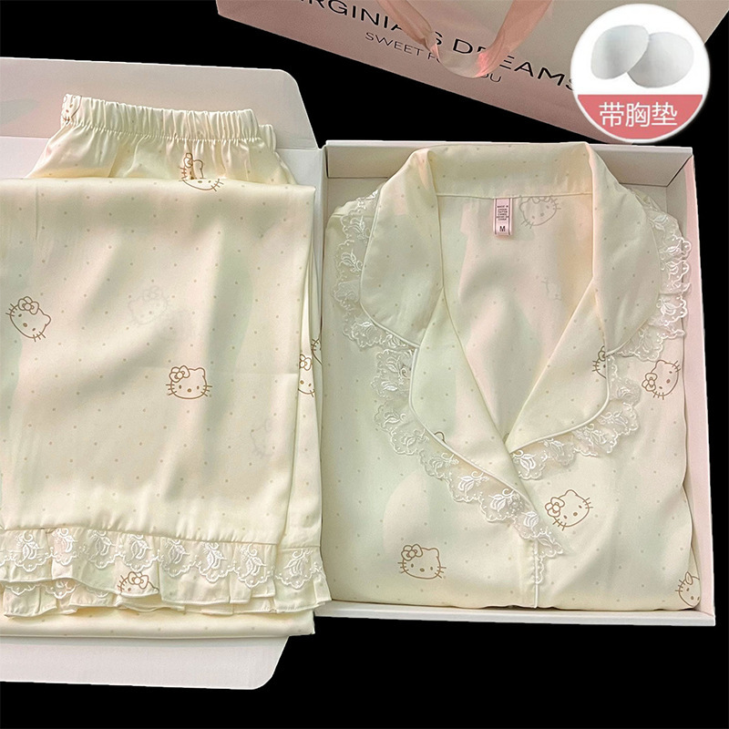 Ice silk long-sleeve pajamas for women, spring and autumn, with chest pads, cute and sweet home wear, long pants set, can be worn outside Ice silk long-sleeve pajamas for women, spring and autumn, with chest pads, cute and sweet home wear, long pants set, can be worn outside