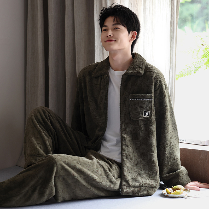 Flannel Pajamas for Men 2026 New Autumn and Winter Double-Sided Thin Velvet Warm Flannel Men's High-End Home Wear