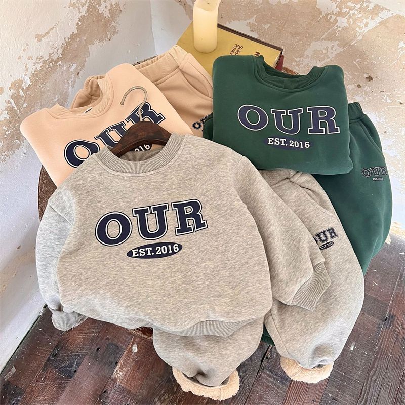 Kid's Clothing Spring And Autumn And Winter Boys And Girls Printed Letters Warm Tide Treasure Plus Velvet Thickened Our Sweatshirt Suit_voghion.com