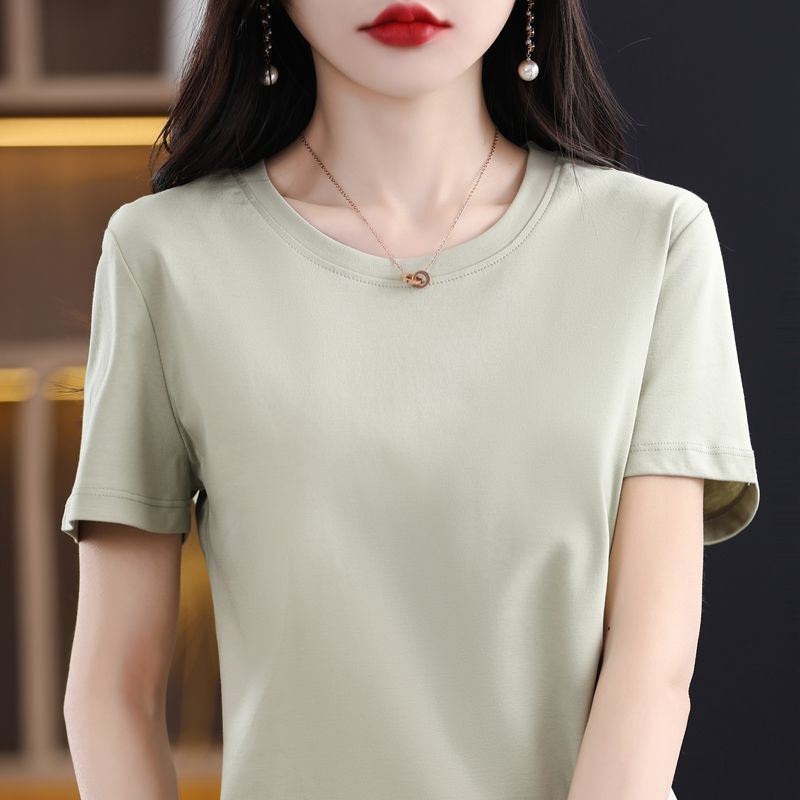 Silk-Gloss Cotton Women's Short-Sleeve T-Shirt, 2025 Summer New Style, 100% Pure Cotton, Round Neck, Simple and Stylish, High-End Slim-Fit T-Shirt