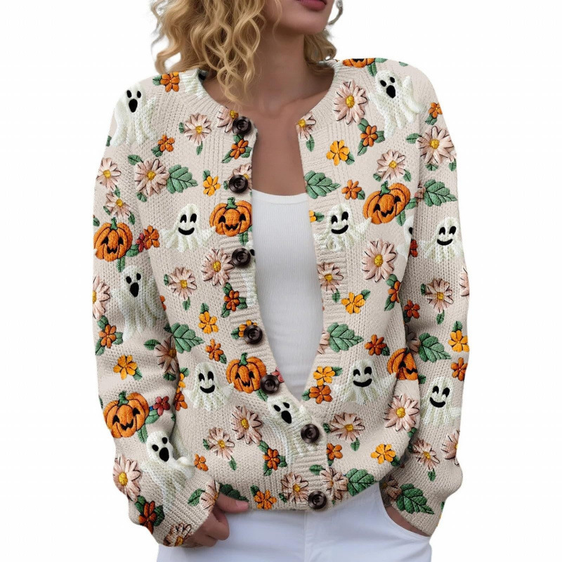 2025 Cross-Border Amazon Winter Women's New Halloween Ghost Pumpkin Print Women's Button-Up Faux Sweater 2025 Cross-Border Amazon Winter Women's New Halloween Ghost Pumpkin Print Women's Button-Up Faux Sweater