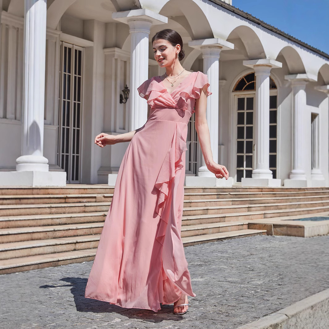 Otoño e invierno europeo y americano Comercio exterior transfronterizo nueva ropa de mujer deseo Amazon color sólido vestido delgado vestido de dama de honor