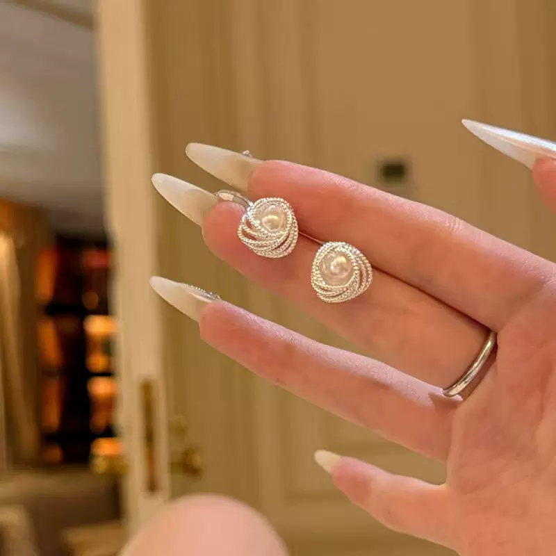 法式缠绕蕾丝玫瑰珍珠耳钉女2025新款轻奢高级感气质小众耳环耳饰