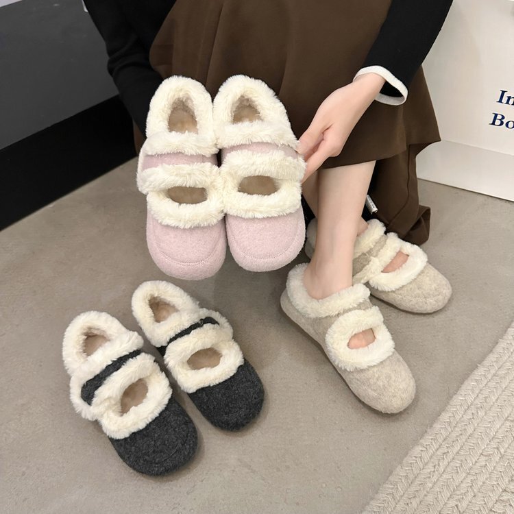 Women's Furry Shoes, Flat Shallow Mouth, Round Toe, Cute Cotton Shoes for Students, Suede Fleece-Lined, Warm and Popular Snow Cotton Shoes for Daily Use