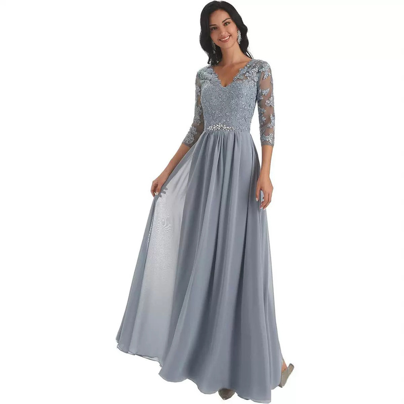 2026 European Cross-Border New Dress Chiffon Splicing Lace Hollow Long Dress European and American Bridesmaid Evening Dress