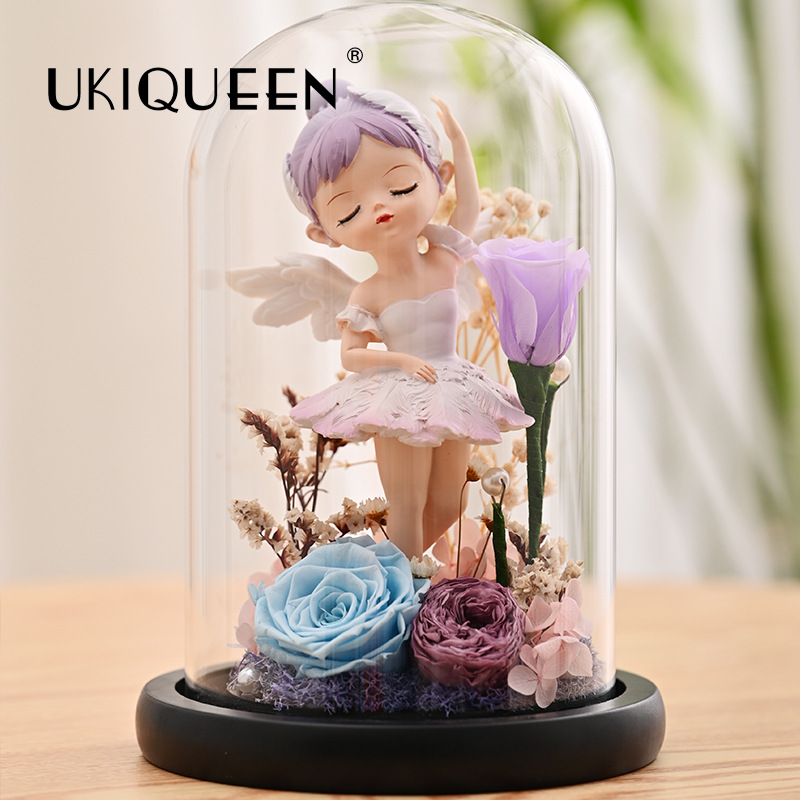 Naxi reina flor eterna cubierta de cristal gato hadas muñeca decoración serie Rosa flores al por mayor qixi regalo
