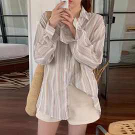 韩素希同款气质慵懒宽松透气彩色细条纹落肩长袖衬衫上衣女