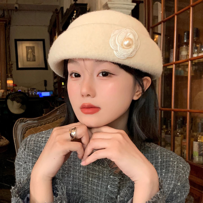 法式千金风山茶花珍珠白色礼帽女秋冬高级感显脸小贝雷帽复古盆帽|undefined