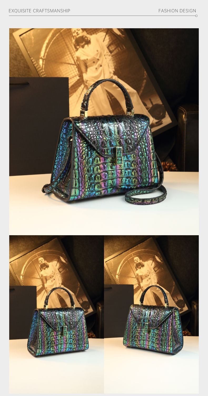Túi xách nữ da thật họa tiết vảy cá sấu, đeo chéo, đeo vai, xách tay — màu trắng ảo, ma quái đen chi tiết 10