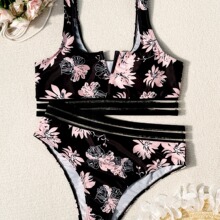 2024欧美热销印花V托性感分体套装比基尼女士织带高腰游泳衣bikin