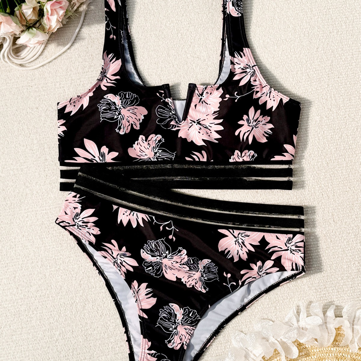 2024欧美热销印花V托性感分体套装比基尼女士织带高腰游泳衣bikin