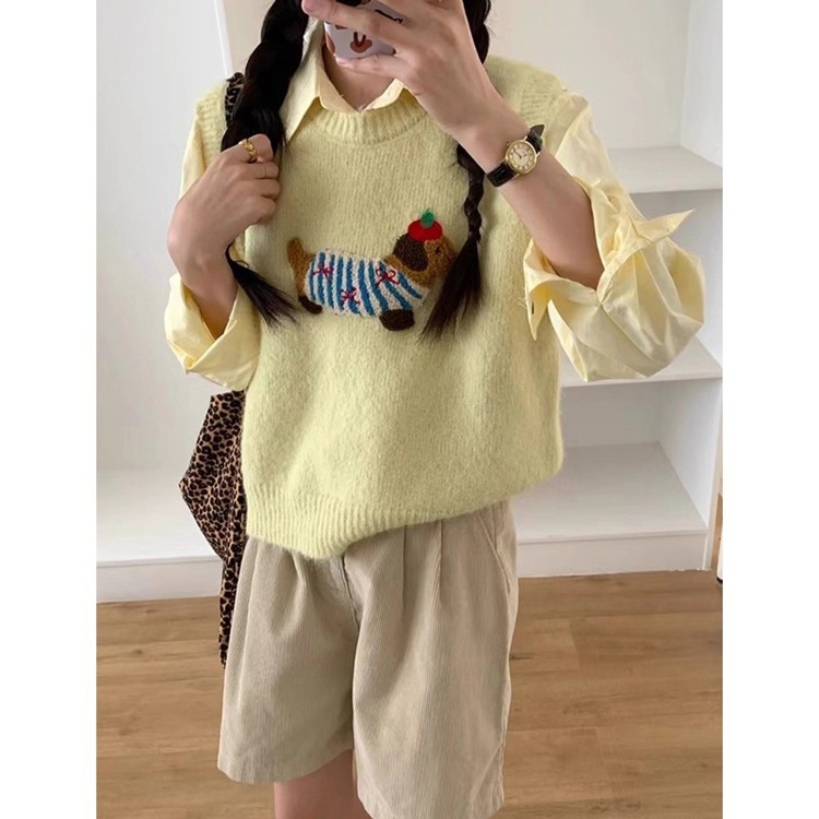 绵羊绒毛衣女复古费尔岛提花毛线女秋冬百搭小狗刺绣保暖针织马甲|undefined