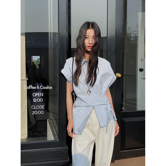 [Korean Commuter] Song Ming Design Curl Short-sleeved Shirt Summer New Strap Waist Tight Top N001C