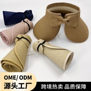 Cross-border Hot-sale Empty-top Straw Hat Foldable Outdoor Portable Bow Wide-brimmed Sunshade Hat Women's Sunscreen Beach Hat