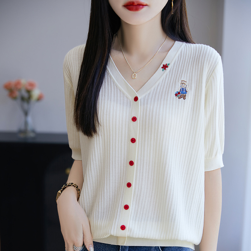 High-End Tencel V Neck Bear Rose Embroidered Knitted Cardigan Three-Quarter Sleeve Bottoming Shirt Top Summer Thin Short-Sleeved