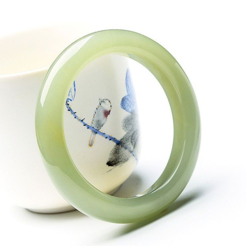 Vòng tay ngọc bích Hetian sọc trắng xanh dáng mảnh cho nữ — Ngọc Hetian mẫu thông thường khoảng 16mm chi tiết 5