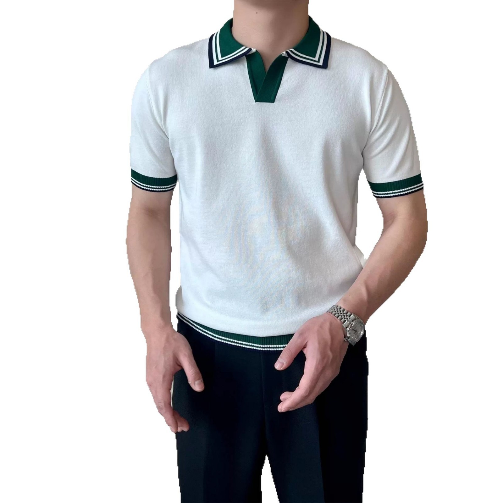 Verano nuevo estilo suéter de manga corta camisa POLO de color de contraste para hombres cuello en V cuello exterior negocios delgado camiseta comercio exterior al por mayor transfronterizo