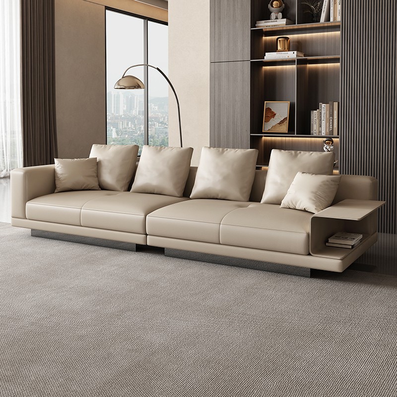 Primera capa de piel de vaca Connery sofá fila recta sofá de cuero de lujo ligero de tres asientos moderna sala de estar simple apartamento grande y pequeño