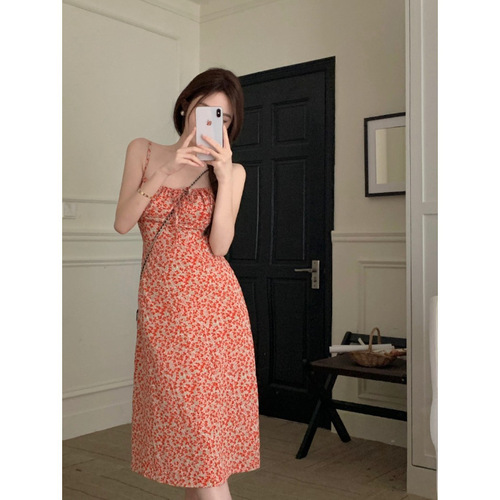 French floral bow strap sundress for women, new summer arrival, high-waisted, figure-flattering, medium-length dress, red vacation style dress