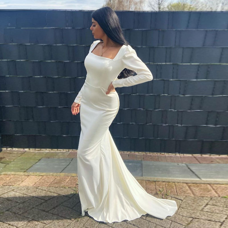 Europa y América del comercio exterior Amazon AliExpress deseo nuevo simple satén vestido de novia de manga larga sexy cola de pescado vestido de novia delgada