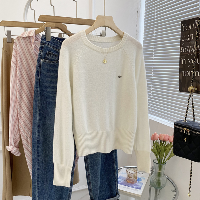 Autumn and Winter new Korean style 10-color full wool round neck raglan sleeve long sleeve solid color thin skin-friendly sweater 23165