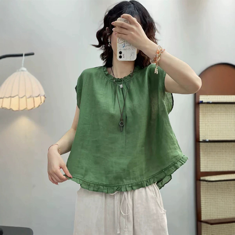 Linen Shirt with Ruffled Collar for Women, Sleeveless, 2026 Summer New Style, Back Button Closure, Japanese Retro Ramie Blouse Top Linen Shirt with Ruffled Collar for Women, Sleeveless, 2026 Summer New Style, Back Button Closure, Japanese Retro Ramie Blouse Top