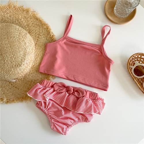ins23 summer infant swimsuit and swimming trunks suspender swimsuit bow girl baby swimming beach suit