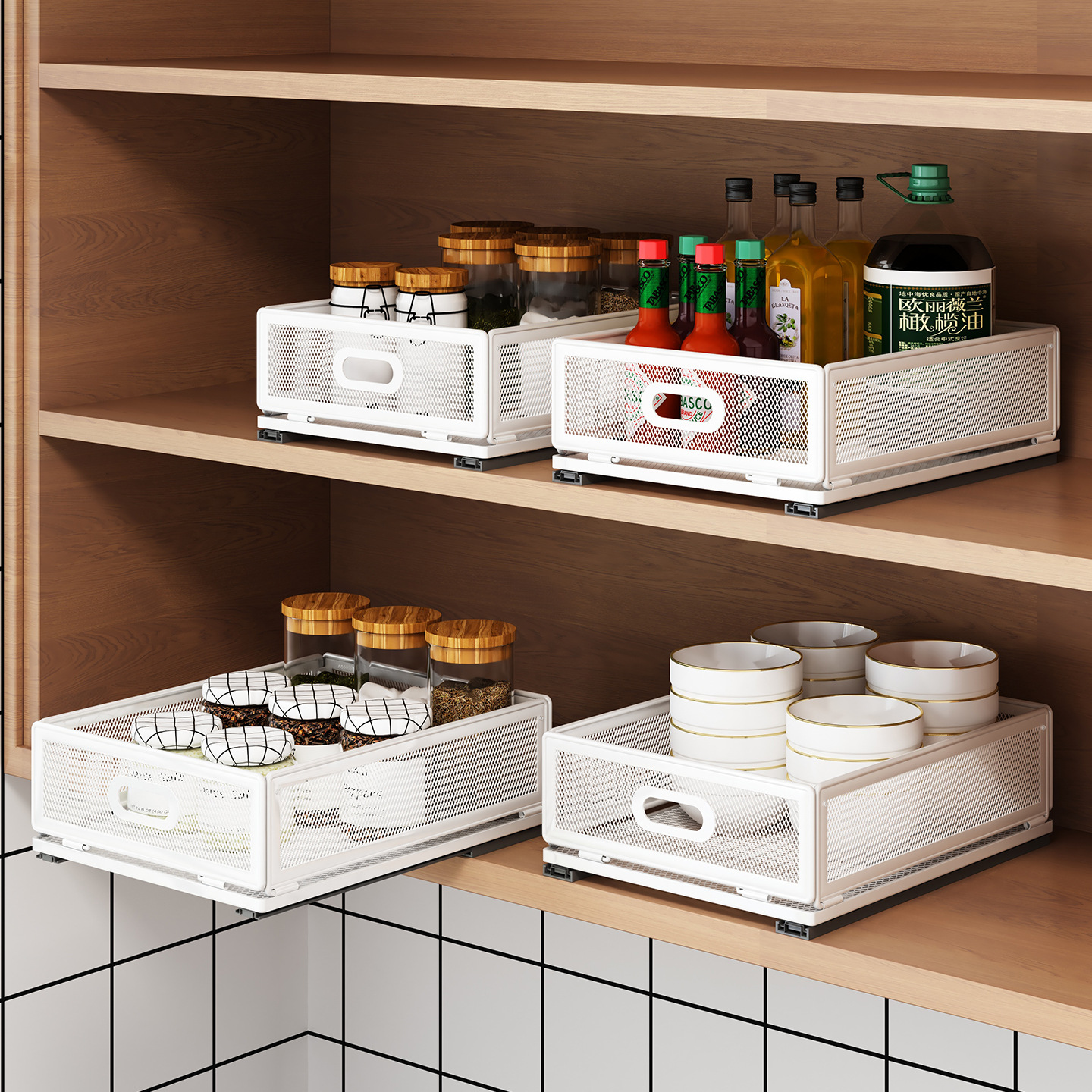 Kitchen Storage Rack Cabinet Pull-Out Basket Ultra-Deep Cabinet Narrow Gap Pull-Out Spice Rack Gap Storage under Sink Drawer Box