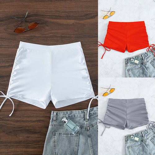 High-waisted tight elastic swim trunks with pleated side seams, 2025 solid color, butt-lifting drawstring tie-and-clip four-square swimming trunks for women