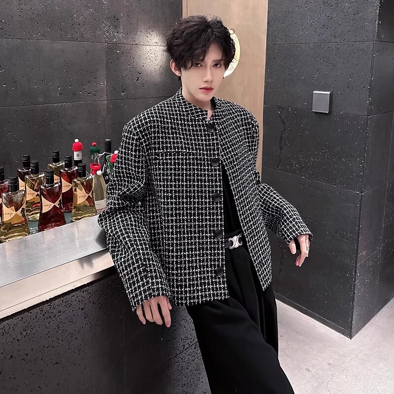 Tweed Chanel-Style Blazer for Men, Autumn Silhouette American Shoulder Pad Jacket, Short Houndstooth Suit Top