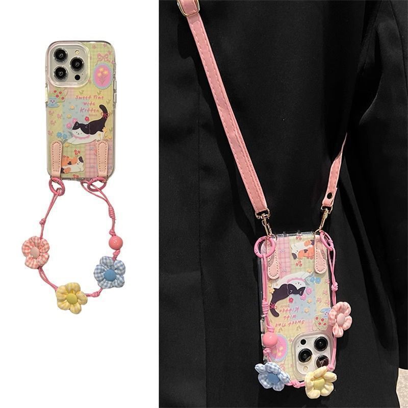 かわいいチェック柄の花柄の子猫 Apple 16promax 携帯電話ケース iPhone15 新しい 13/14/12/x に適しています|undefined