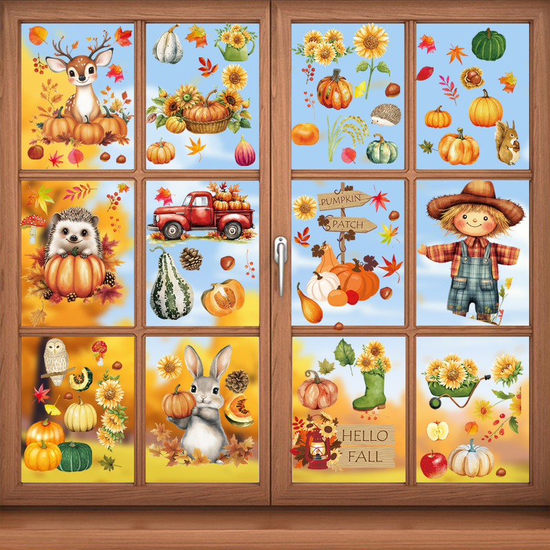 Amazon Autumn Scarecrow Window Sticker Autumn Festival Party Thanksgiving Family Scene Atmosphere Arrangement Glass Sticker