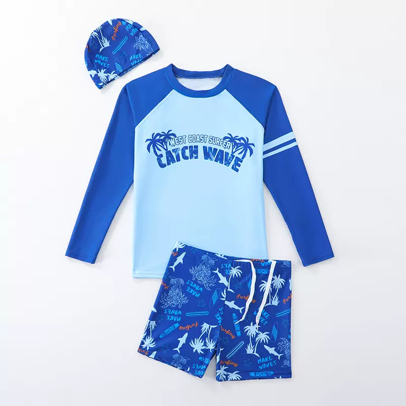 男童长袖泳衣中大防晒泳帽卡通套装男孩游泳衣儿童分体温泉泳装