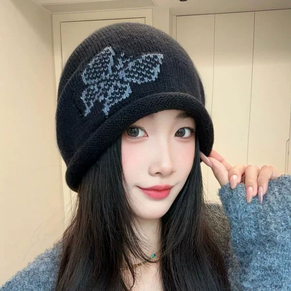 New autumn and winter styles: rolled-edge, drawstring, butterfly-knot knitted beanie, face-slimming knitted hat, warm ear-covering hat, and head-covering hat