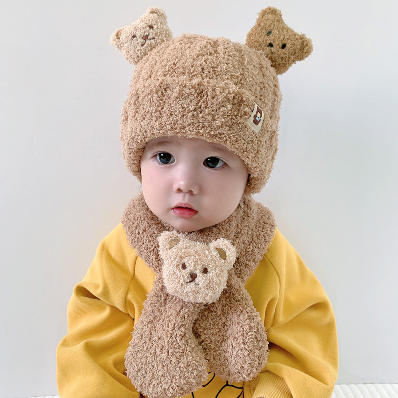 Little Bear Plush Baby Hat Autumn and Winter Baby Hat Scarf One Piece Set for Children's Warm Ear Protection Hat Super Cute