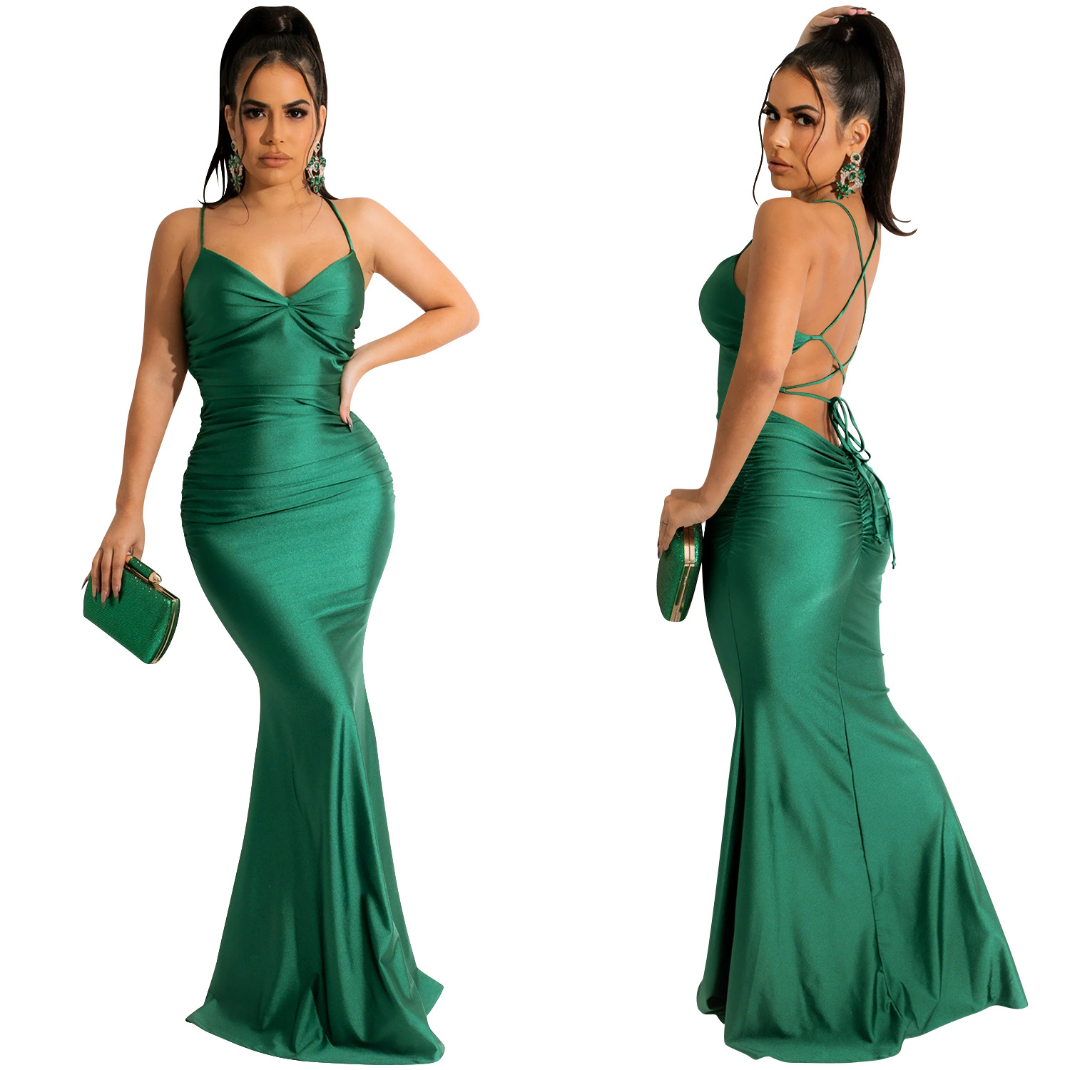 Pleated Solid Color Sling Wrap Chest Backless Lace-Up Prom Dress NSXYZ113785