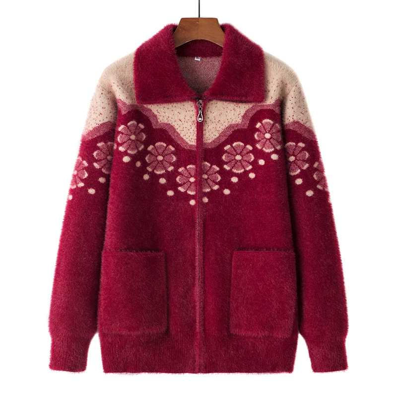 Средний и пожилой человек свитер куртка бабуля с отворотом, вязаная молния, имитация норковый кардиган, топы, теплая одежда