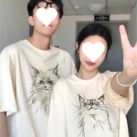 特别的情侣装夏季恤新款时尚设计感小众缅甸猫纯棉短袖宽松