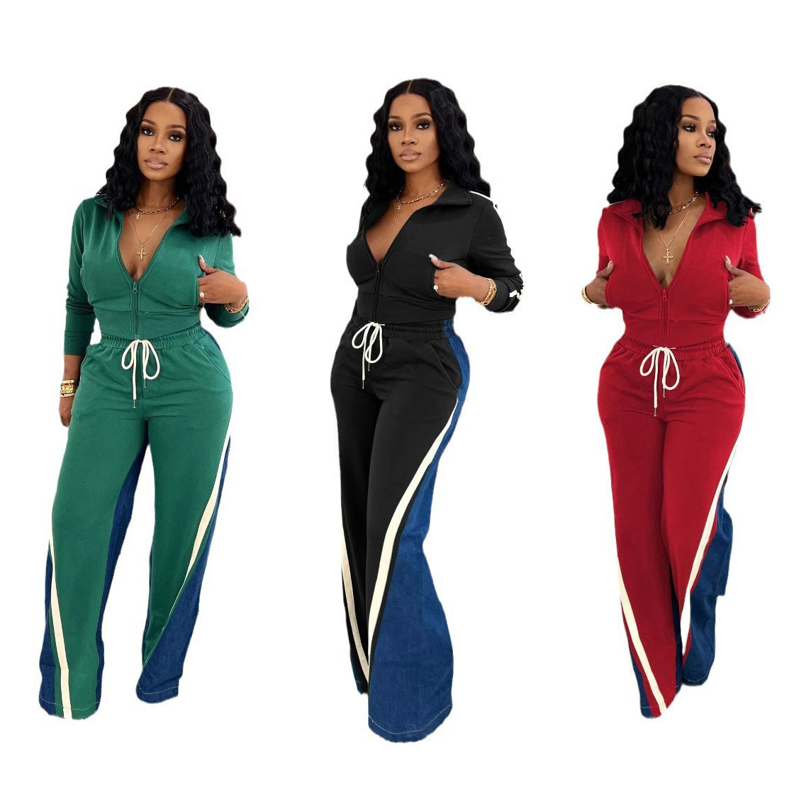 4725 cross-border European and American women's clothing German velvet Denim thread stitching sports pants suit two-piece set of 4 pockets