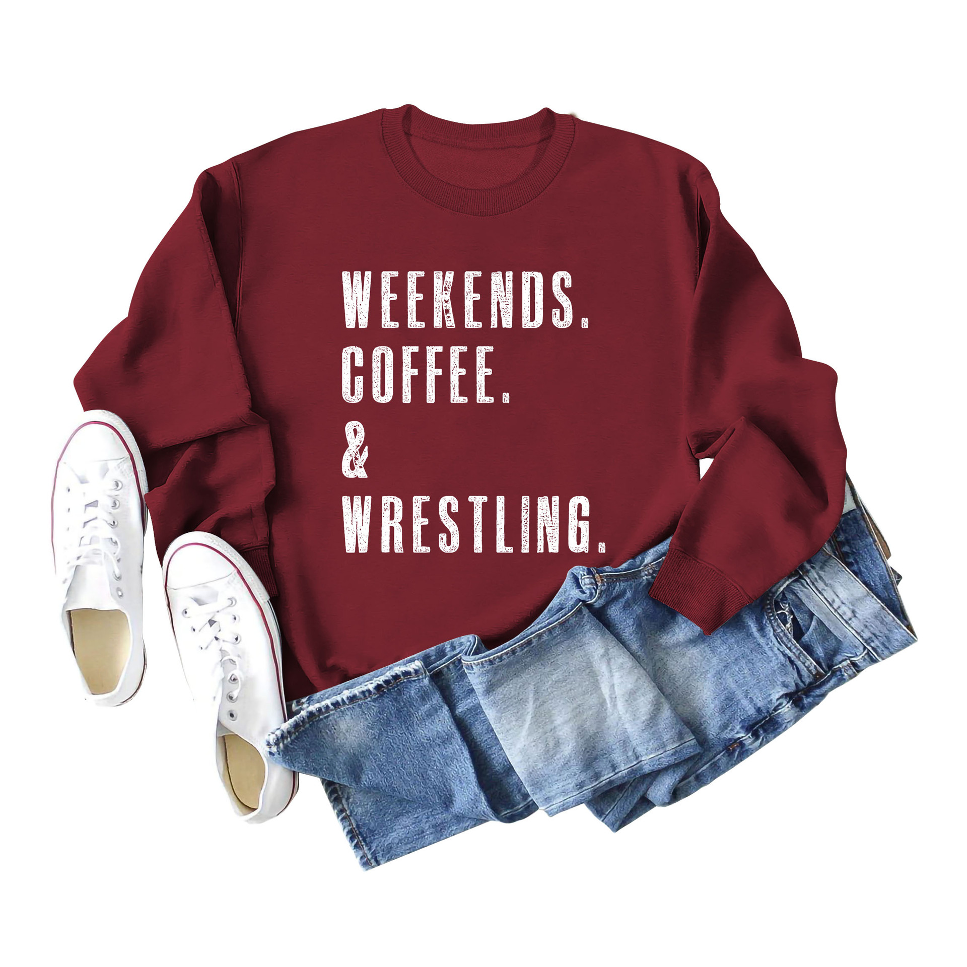 Fines de semana café Amazon en stock cuello redondo moda letras más tamaño Otoño e Invierno manga larga suéter