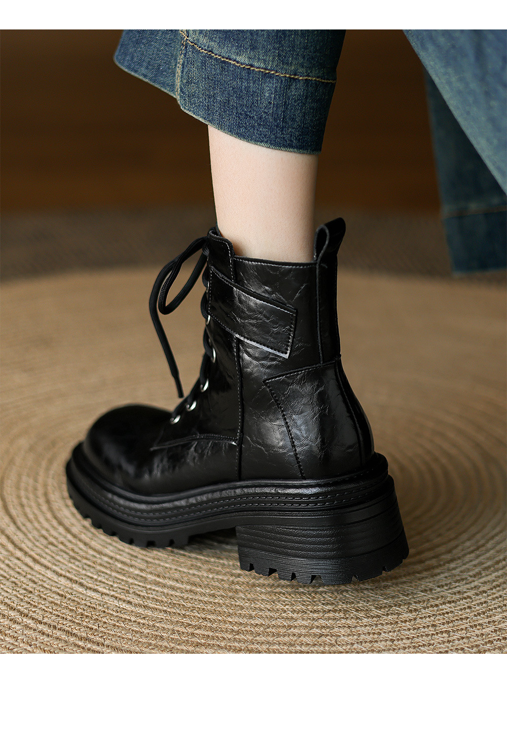 Boot Martin nữ gót dày buộc dây đế tăng chiều cao phong cách Maillard thu đông 2025 — Lớp lót nhung đen, Nhung nâu, Lớp lót đơn màu đen, Lớp lót đơn màu nâu chi tiết 13