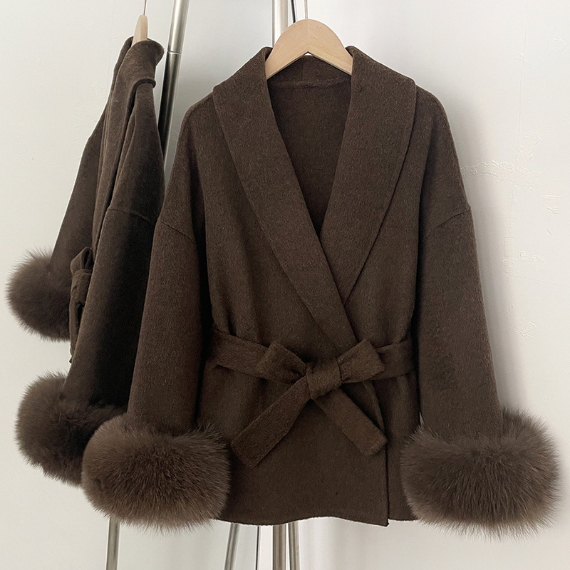 2025 New Autumn and Winter Fox Sleeve Fur Green Fruit Collar Double-Sided Wool Outwear Mid-Length Lace-Up Slim Wool Outwear 2025 New Autumn and Winter Fox Sleeve Fur Green Fruit Collar Double-Sided Wool Outwear Mid-Length Lace-Up Slim Wool Outwear
