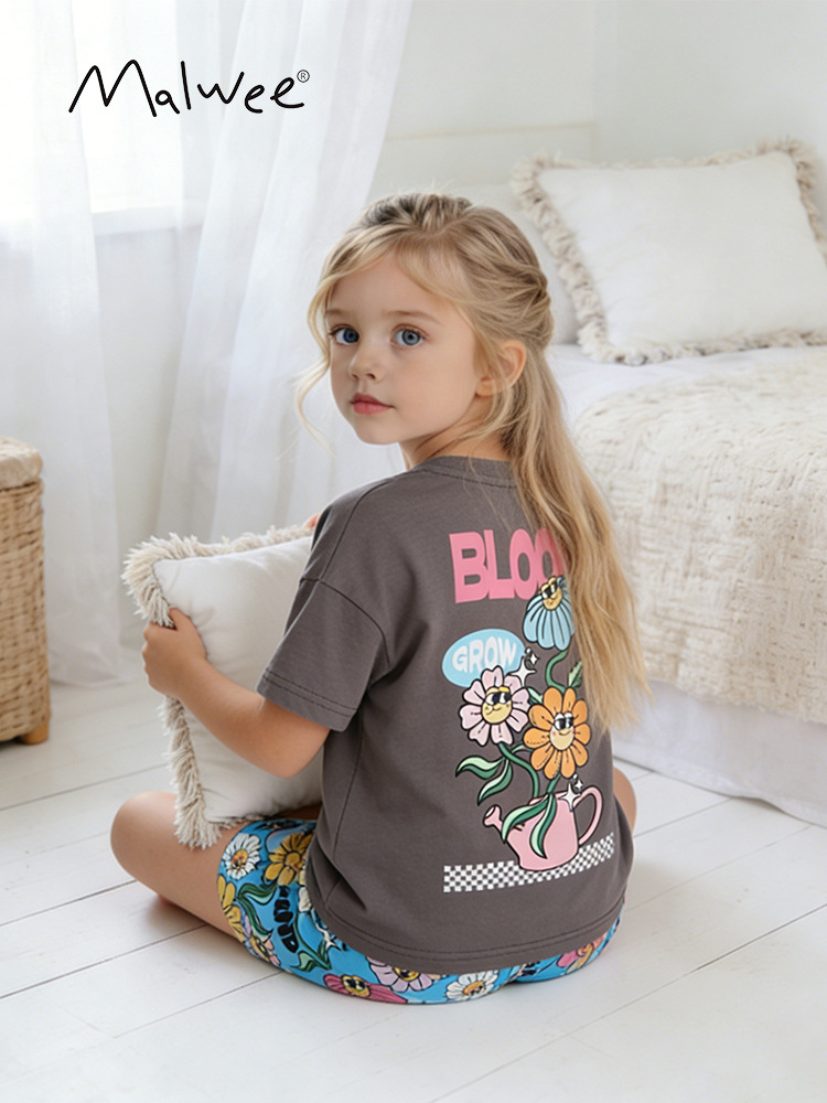 Malwee transfronterizo niños y niñas moda extranjera de moda set de verano nuevo cuello redondo de manga corta ropa de niños pequeños y medianos europeos