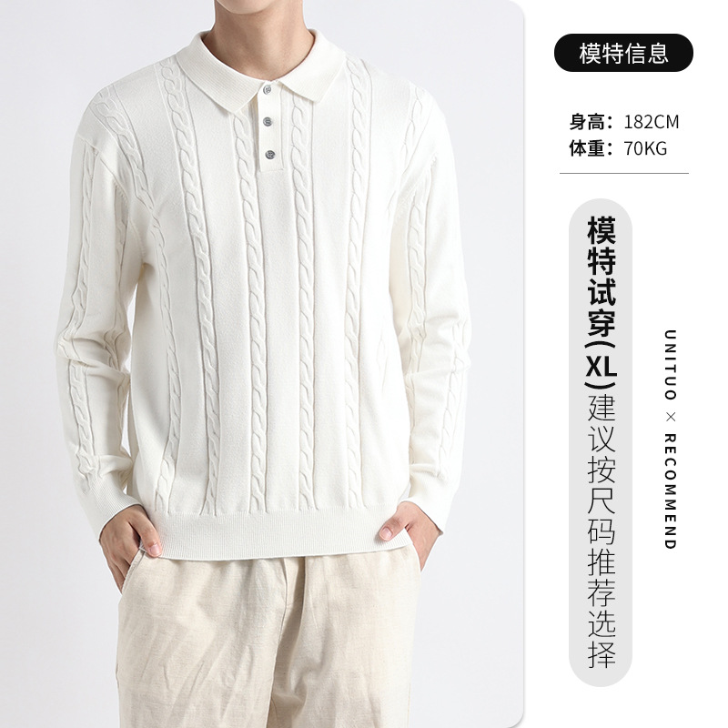 Polo de cuello a rayas de torsión para hombre lujo ligero de manga larga de alto nivel de negocios casuales suéter de punto para hombre