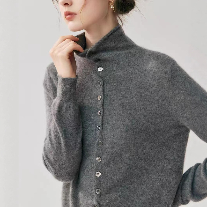 Fluffy Cloud-Like Cashmere Wool Rolled Edge Cardigan, Lazy Two-Wear Knitted Sweater, Turtleneck Sweater