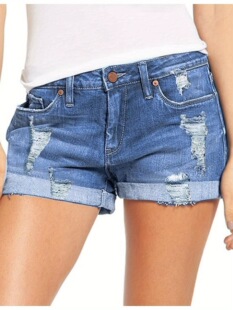 N 13120 Elastic Distressed Denim Shorts �W������ţ�ж�ѝ